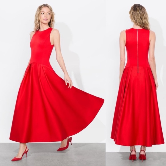 Alice + Olivia Adley Drop Waist Midi Dress Bright Ruby